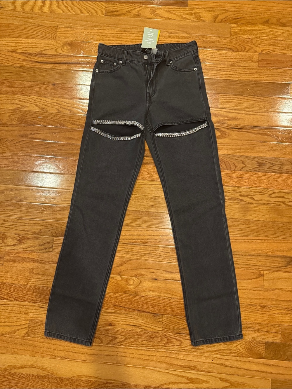 Divided Black Straight Leg Jeans with Rhinestone Knee Slits